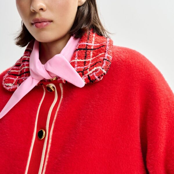 Essentiel Antwerp Red and off-white textured cardigan with contrast pink and black tweed collar and patch pockets - Essentiel Antwerp Knitwear - Colorful Belgian Design - Shop at Coveti