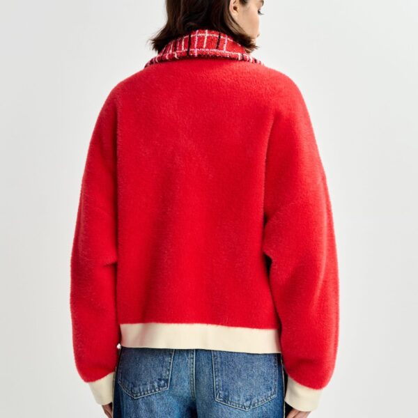 Essentiel Antwerp Red and off-white textured cardigan with contrast pink and black tweed collar and patch pockets - Essentiel Antwerp Knitwear - Colorful Belgian Design - Shop at Coveti