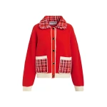 Essentiel Antwerp Red and off-white textured cardigan with contrast pink and black tweed collar and patch pockets - Essentiel Antwerp Knitwear - Colorful Belgian Design - Shop at Coveti