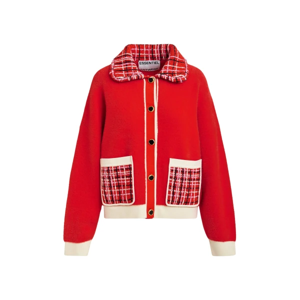 Essentiel Antwerp Red and off-white textured cardigan with contrast pink and black tweed collar and patch pockets - Essentiel Antwerp Knitwear - Colorful Belgian Design - Shop at Coveti