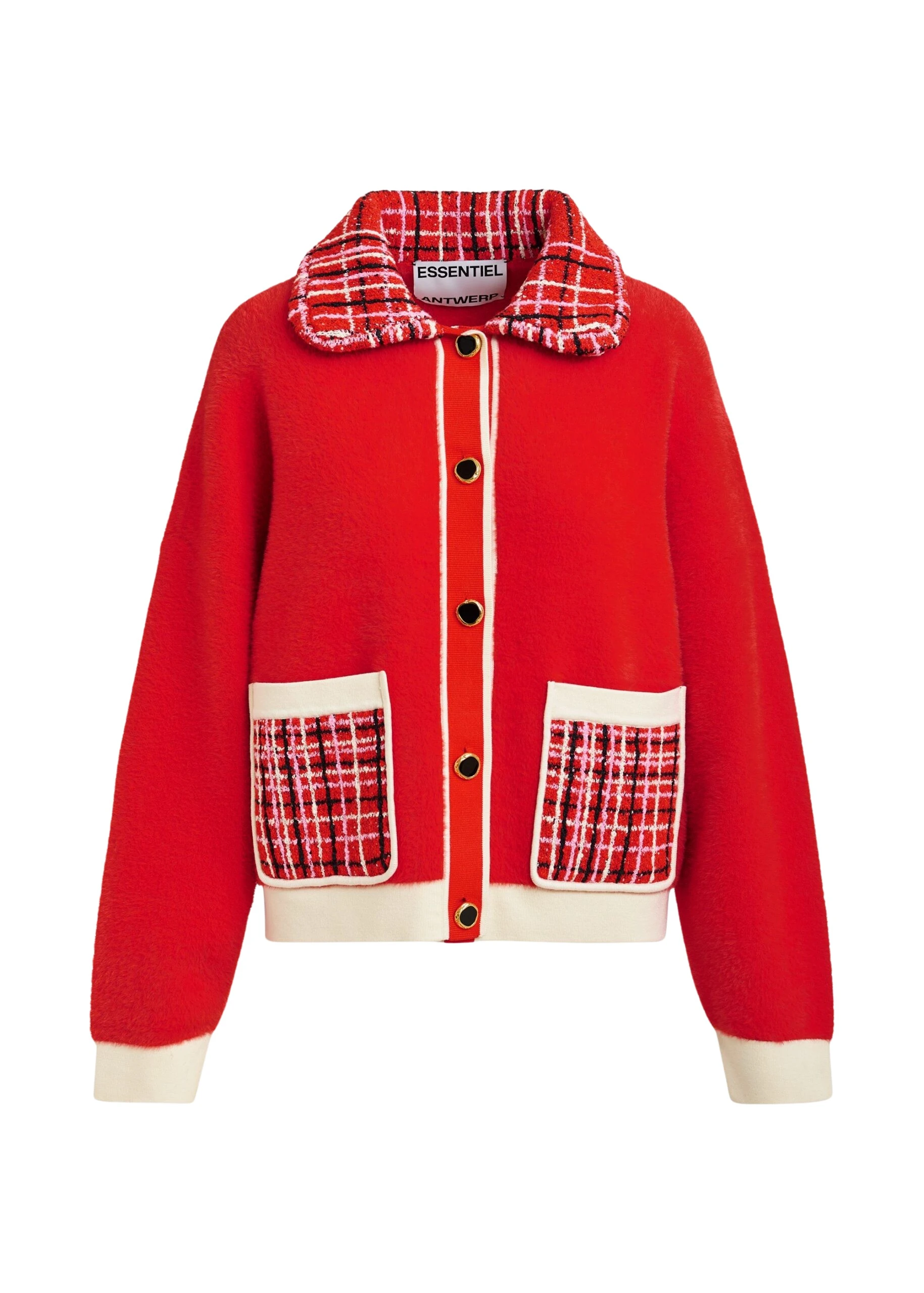 Red-and-off-white-textured-cardigan-with-contrast-pink-and-black-tweed-collar-and-patch-pockets-Essentiel-Antwerp-Knitwear-scaled94752_nobg Essentiel Antwerp Red and off-white textured cardigan with contrast pink and black tweed collar and patch pockets - Essentiel Antwerp Knitwear - Colorful Belgian Design - Shop at Coveti