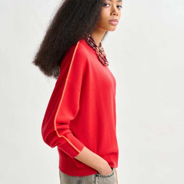 Essentiel Antwerp Red and orange knitted sweater with fitted waist - Essentiel Antwerp Knitwear - Colorful Belgian Design - Shop at Coveti