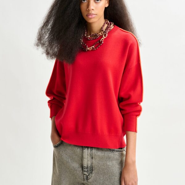 Essentiel Antwerp Red and orange knitted sweater with fitted waist - Essentiel Antwerp Knitwear - Colorful Belgian Design - Shop at Coveti
