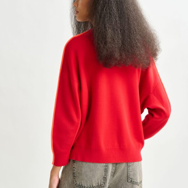 Essentiel Antwerp Red and orange knitted sweater with fitted waist - Essentiel Antwerp Knitwear - Colorful Belgian Design - Shop at Coveti