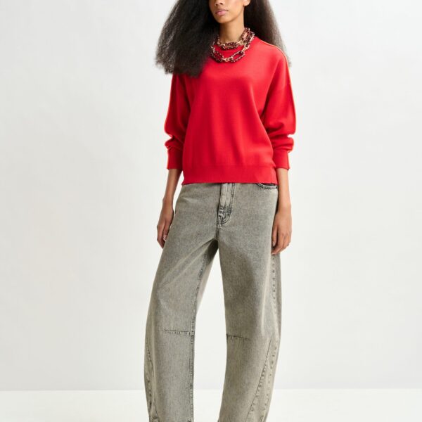 Essentiel Antwerp Red and orange knitted sweater with fitted waist - Essentiel Antwerp Knitwear - Colorful Belgian Design - Shop at Coveti