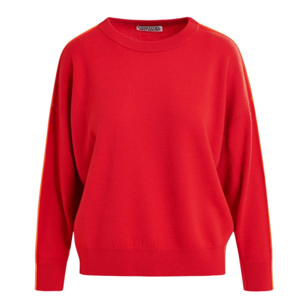 Essentiel Antwerp Red and orange knitted sweater with fitted waist - Essentiel Antwerp Knitwear - Colorful Belgian Design - Shop at Coveti
