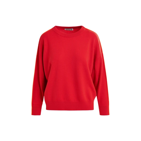 Essentiel Antwerp Red and orange knitted sweater with fitted waist - Essentiel Antwerp Knitwear - Colorful Belgian Design - Shop at Coveti