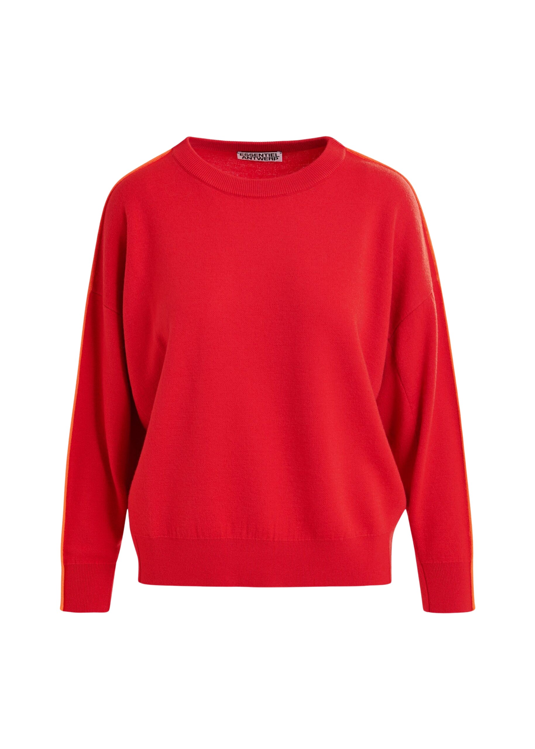 Essentiel Antwerp Red and orange knitted sweater with fitted waist - Essentiel Antwerp Knitwear - Colorful Belgian Design - Shop at Coveti
