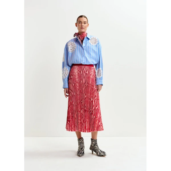 Essentiel Antwerp Red and orange snakeprint pleated skirt, view 2