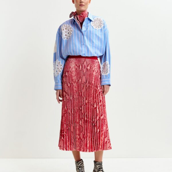 Essentiel Antwerp Red and orange snakeprint pleated skirt - Essentiel Antwerp Skirts - Colorful Belgian Design - Shop at Coveti