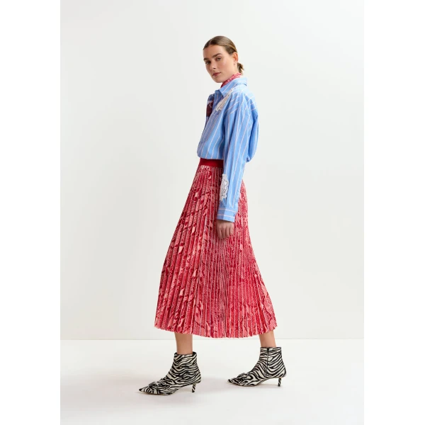 Essentiel Antwerp Red and orange snakeprint pleated skirt, view 3
