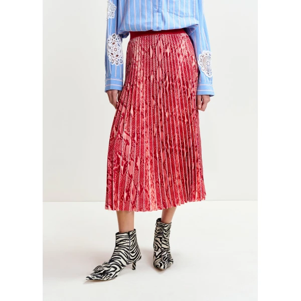 Essentiel Antwerp Red and orange snakeprint pleated skirt, view 4
