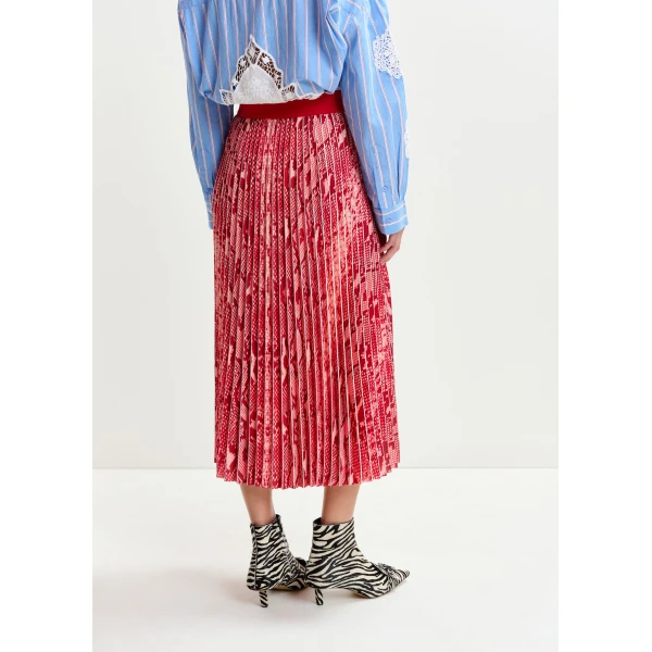 Essentiel Antwerp Red and orange snakeprint pleated skirt, view 5