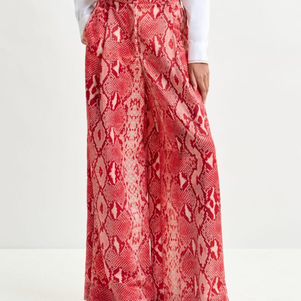 Essentiel Antwerp Red and orange snakeprint wide-leg pants - Essentiel Antwerp Pants - Colorful Belgian Design - Shop at Coveti