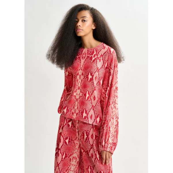Essentiel Antwerp Red and orange top with puffed sleeves and snake print, view 2