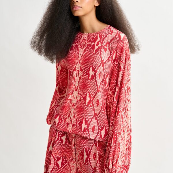 Essentiel Antwerp Red and orange top with puffed sleeves and snake print - Essentiel Antwerp Tops - Colorful Belgian Design - Shop at Coveti