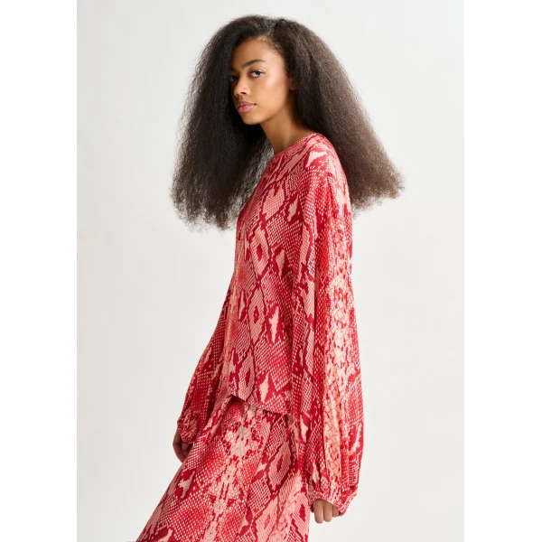 Essentiel Antwerp Red and orange top with puffed sleeves and snake print, view 3