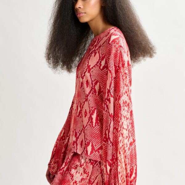 Essentiel Antwerp Red and orange top with puffed sleeves and snake print - Essentiel Antwerp Tops - Colorful Belgian Design - Shop at Coveti