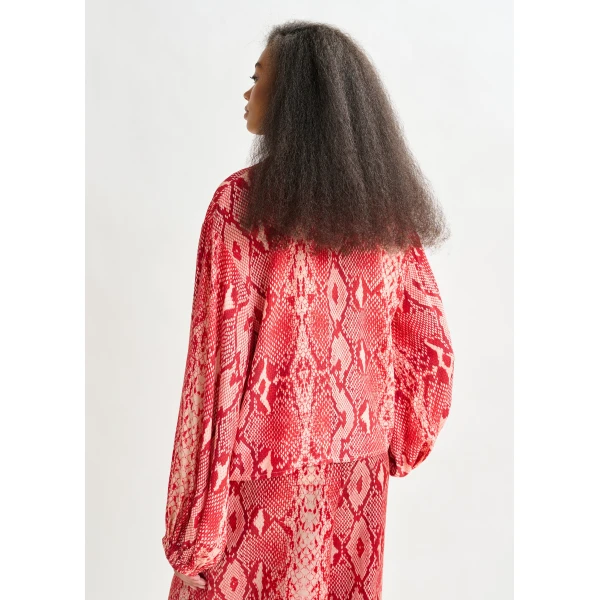 Essentiel Antwerp Red and orange top with puffed sleeves and snake print, view 4