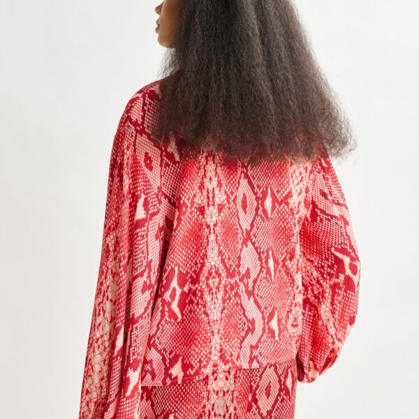 Essentiel Antwerp Red and orange top with puffed sleeves and snake print - Essentiel Antwerp Tops - Colorful Belgian Design - Shop at Coveti