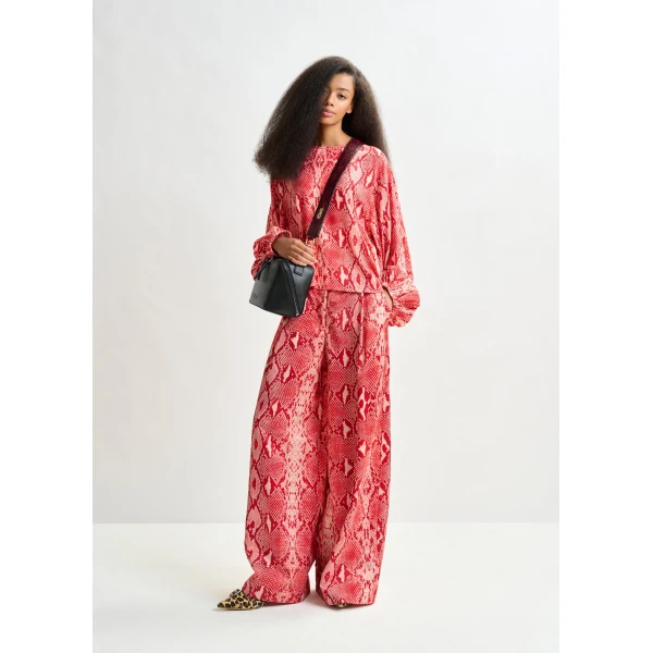 Essentiel Antwerp Red and orange top with puffed sleeves and snake print, view 5