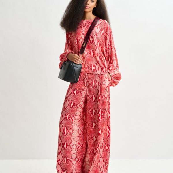Essentiel Antwerp Red and orange top with puffed sleeves and snake print - Essentiel Antwerp Tops - Colorful Belgian Design - Shop at Coveti