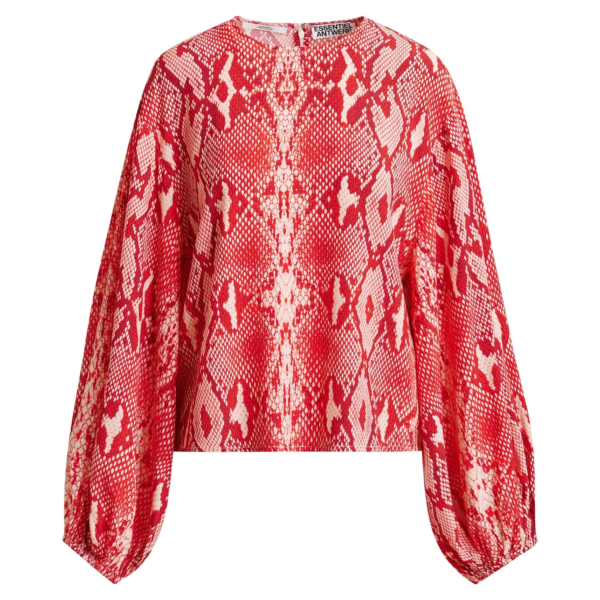 Essentiel Antwerp Red and orange top with puffed sleeves and snake print - Essentiel Antwerp Tops - Colorful Belgian Design - Shop at Coveti