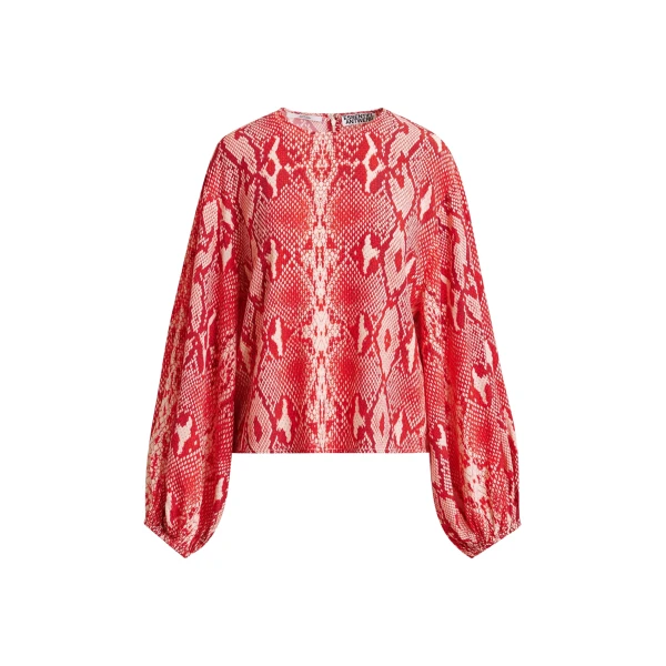 Essentiel Antwerp Red and orange top with puffed sleeves and snake print - Essentiel Antwerp Tops - Colorful Belgian Design - Shop at Coveti