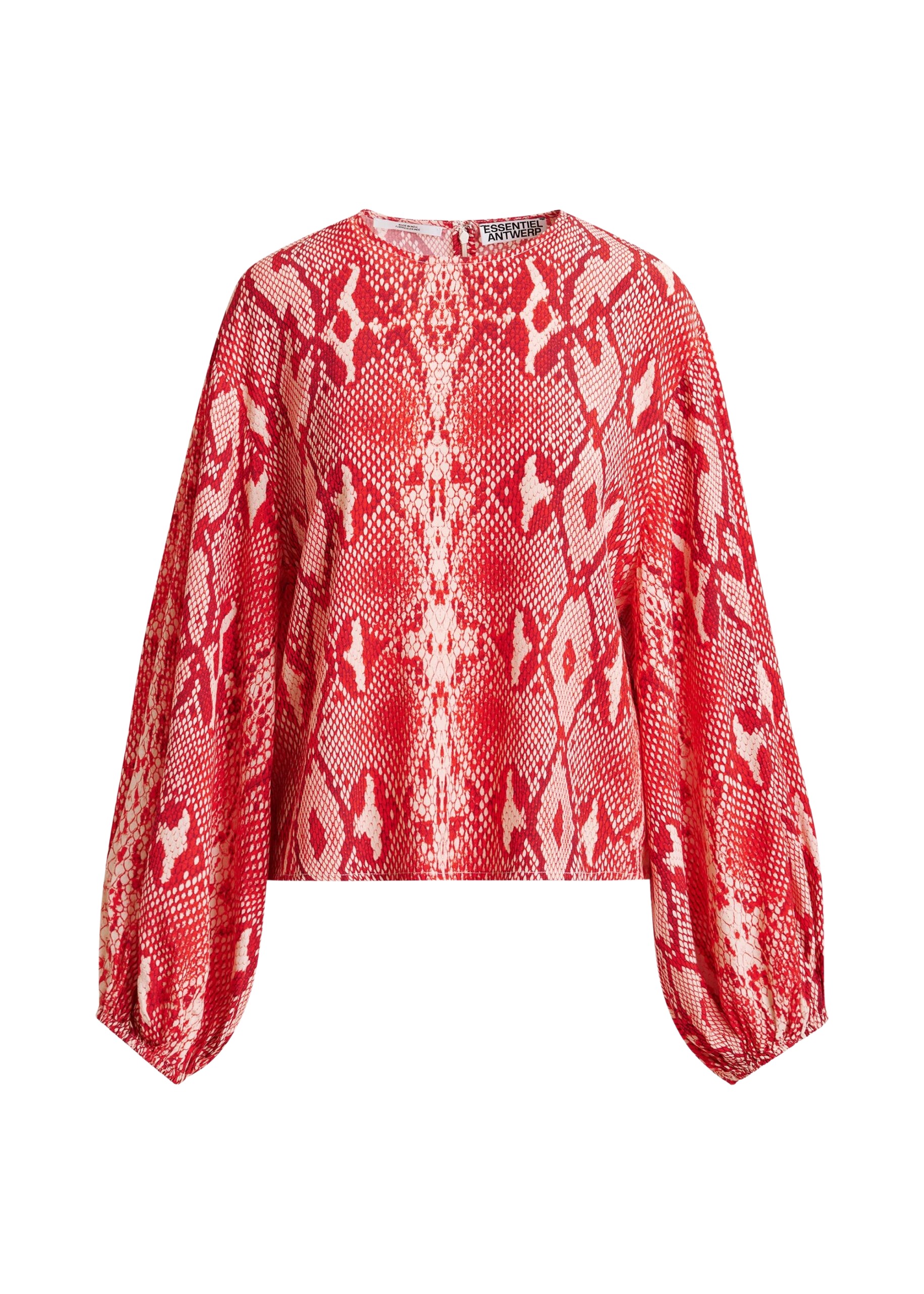 Essentiel Antwerp Red and orange top with puffed sleeves and snake print - Essentiel Antwerp Tops - Colorful Belgian Design - Shop at Coveti
