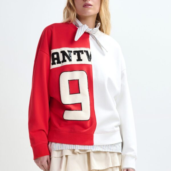 Essentiel Antwerp Red and white split-panel appliquéd cotton sweatshirt - Essentiel Antwerp Shirts - Colorful Belgian Design - Shop at Coveti