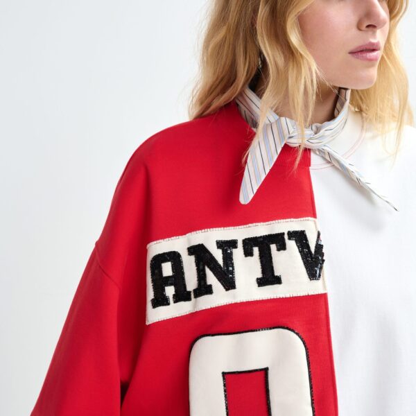 Essentiel Antwerp Red and white split-panel appliquéd cotton sweatshirt - Essentiel Antwerp Shirts - Colorful Belgian Design - Shop at Coveti