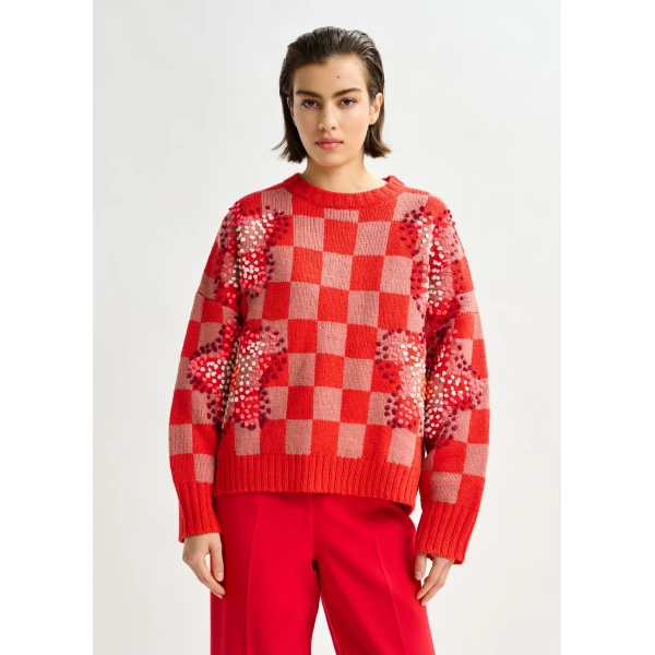 Essentiel Antwerp Red, brown and off-white checkerboard floral jacquard knit sweater, view 2