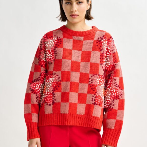 brown and off-white checkerboard floral jacquard knit sweater - Essentiel Antwerp Jackets - Colorful Belgian Design - Shop at Coveti