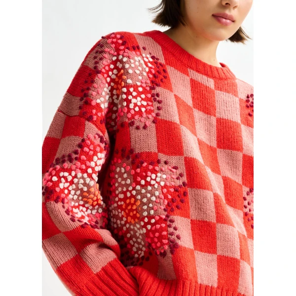 Essentiel Antwerp Red, brown and off-white checkerboard floral jacquard knit sweater, view 3