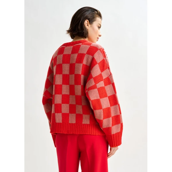 Essentiel Antwerp Red, brown and off-white checkerboard floral jacquard knit sweater, view 4