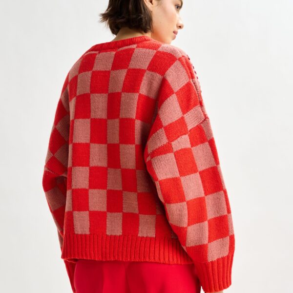 brown and off-white checkerboard floral jacquard knit sweater - Essentiel Antwerp Jackets - Colorful Belgian Design - Shop at Coveti