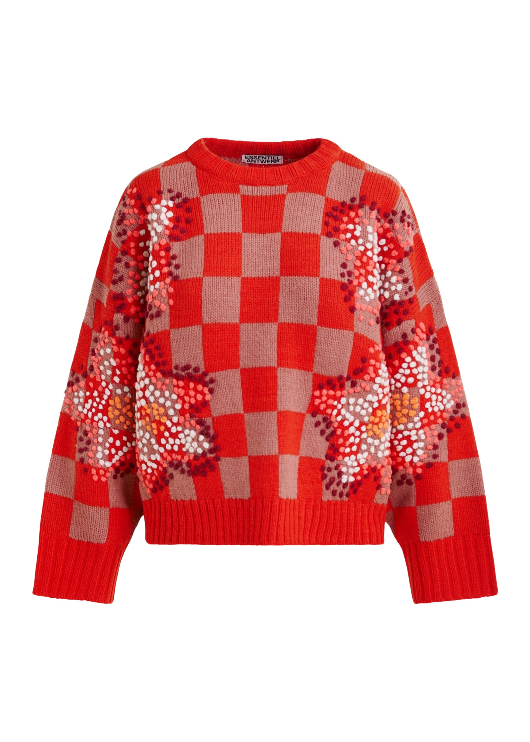 Essentiel Antwerp Red, brown and off-white checkerboard floral jacquard knit sweater