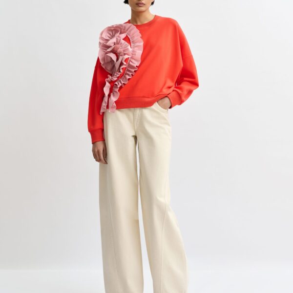 Essentiel Antwerp Red cotton-blend sweatshirt with ruffle details - Essentiel Antwerp Shirts - Colorful Belgian Design - Shop at Coveti