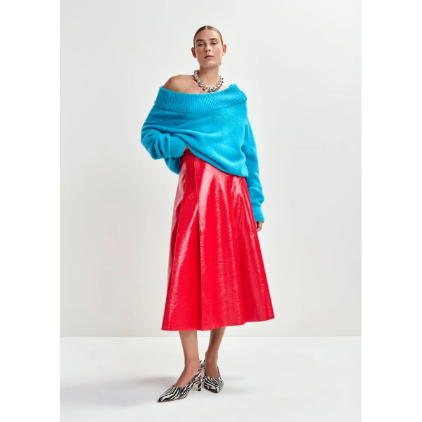 Essentiel Antwerp Red faux leather midi skirt, view 2