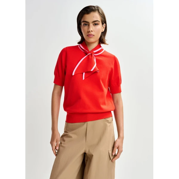 Essentiel Antwerp Red fine-knit polo with light pink scarf-like contrast collar Top, view 2