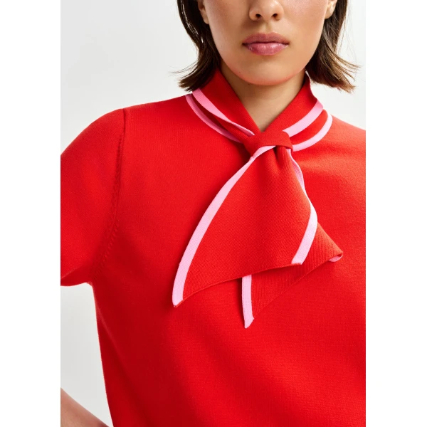 Essentiel Antwerp Red fine-knit polo with light pink scarf-like contrast collar Top, view 3