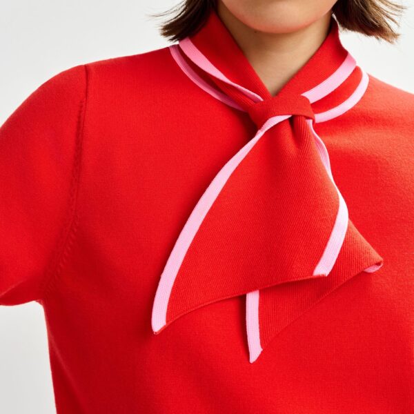 Essentiel Antwerp Red fine-knit polo with light pink scarf-like contrast collar - Essentiel Antwerp Tops - Colorful Belgian Design - Shop at Coveti