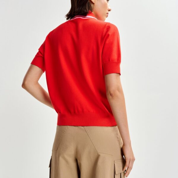 Essentiel Antwerp Red fine-knit polo with light pink scarf-like contrast collar - Essentiel Antwerp Tops - Colorful Belgian Design - Shop at Coveti