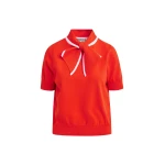 Essentiel Antwerp Red fine-knit polo with light pink scarf-like contrast collar - Essentiel Antwerp Tops - Colorful Belgian Design - Shop at Coveti