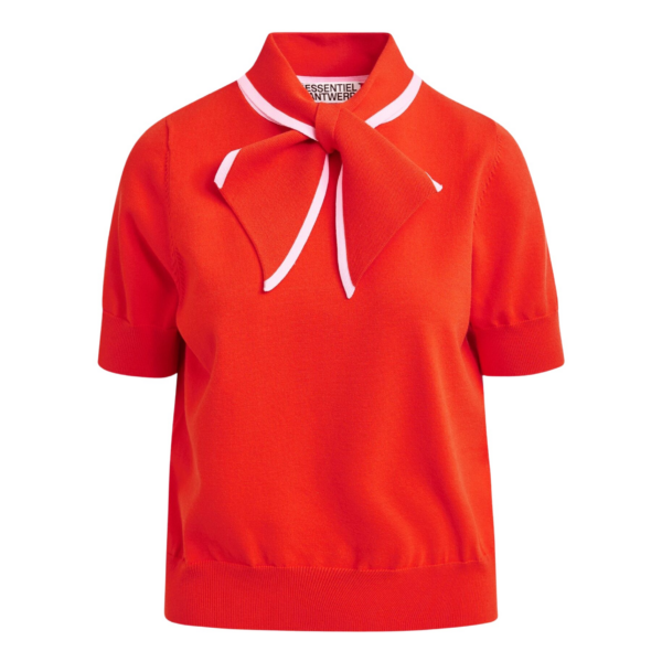 Essentiel Antwerp Red fine-knit polo with light pink scarf-like contrast collar - Essentiel Antwerp Tops - Colorful Belgian Design - Shop at Coveti