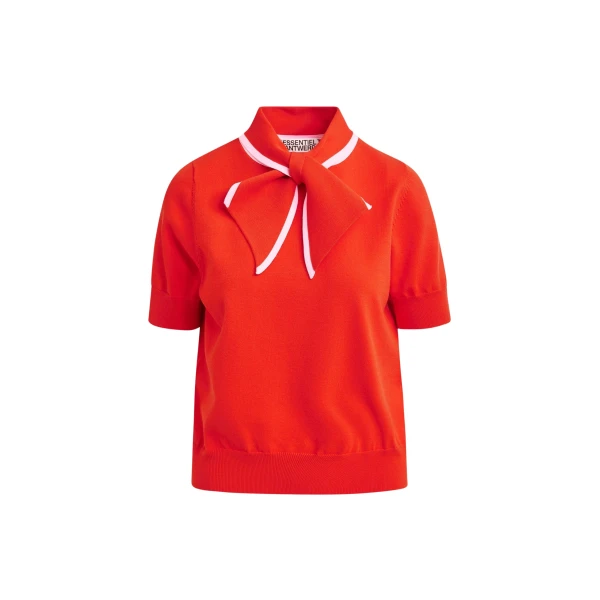 Essentiel Antwerp Red fine-knit polo with light pink scarf-like contrast collar - Essentiel Antwerp Tops - Colorful Belgian Design - Shop at Coveti