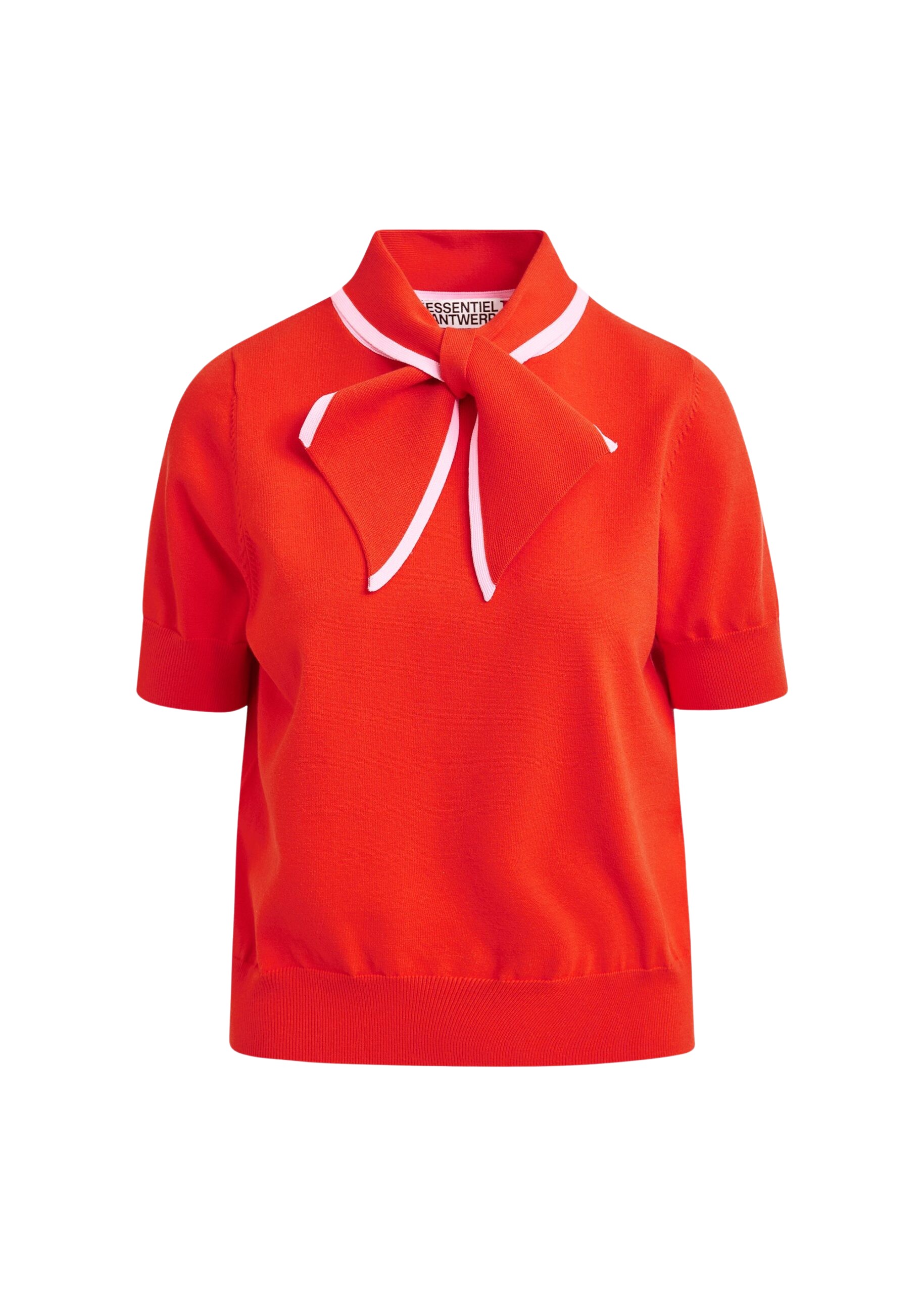 Essentiel Antwerp Red fine-knit polo with light pink scarf-like contrast collar - Essentiel Antwerp Tops - Colorful Belgian Design - Shop at Coveti