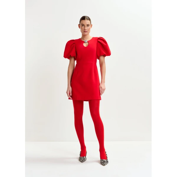 Essentiel Antwerp Red mini dress with voluminous sleeves and jewel embellishment, view 2