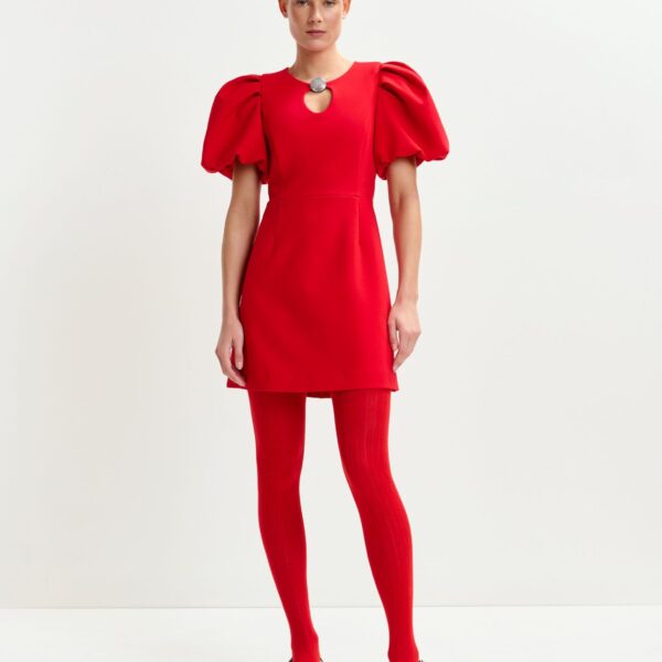 Essentiel Antwerp Red mini dress with voluminous sleeves and jewel embellishment - Essentiel Antwerp Dresses - Colorful Belgian Design - Shop at Coveti