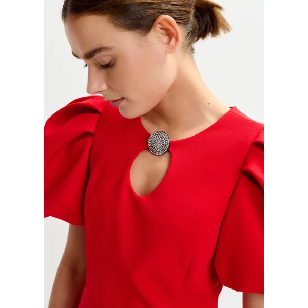 Essentiel Antwerp Red mini dress with voluminous sleeves and jewel embellishment, view 3